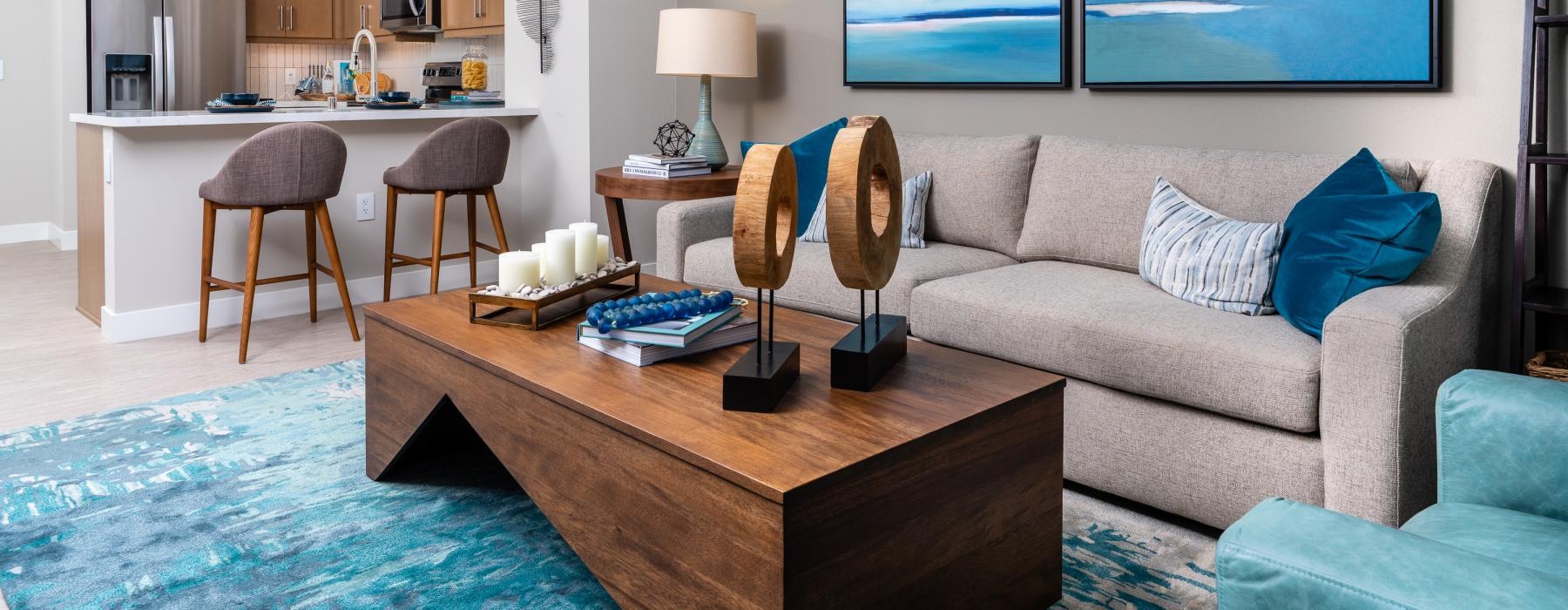 a living room with a couch and a coffee table