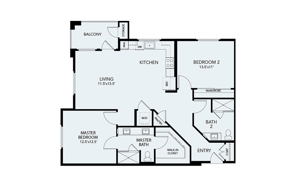 B4 - 2 bedroom floorplan layout with 2 bathrooms and 1185 square feet